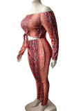 Red-brown Sexy Print Hollowed Out Patchwork Off the Shoulder Plus Size Jumpsuits