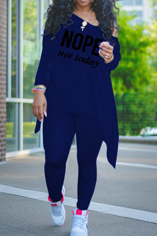 Deep Blue Casual Letter Print Patchwork Asymmetrical O Neck Long Sleeve Two Pieces