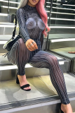 Black Sexy Print Mesh Half A Turtleneck Skinny Bodysuits