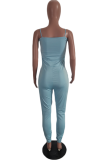 Blue Casual Solid Patchwork Spaghetti Strap Skinny Jumpsuits