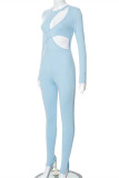 Blue Sexy Casual Solid Hollowed Out O Neck Skinny Jumpsuits