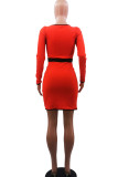 Red Casual Solid Patchwork Draw String Buckle U Neck Pencil Skirt Dresses