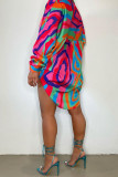 Pink Casual Print Patchwork Buckle Turndown Collar Shirt Dress Dresses
