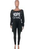 Deep Blue Casual Letter Print Patchwork Asymmetrical O Neck Long Sleeve Two Pieces
