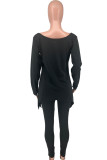 Deep Blue Casual Letter Print Patchwork Asymmetrical O Neck Long Sleeve Two Pieces