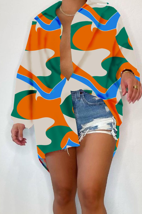 Tangerine Red Casual Print Patchwork Buckle Turndown Collar Shirt Dress Dresses