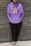 Purple Casual Print Patchwork Basic Hooded Collar Long Sleeve Two Pieces