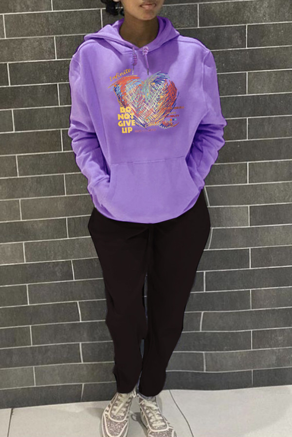 Purple Casual Print Patchwork Basic Hooded Collar Long Sleeve Two Pieces