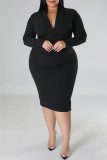 Rose Red Casual Solid Patchwork V Neck Long Sleeve Plus Size Dresses