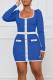 Blue Casual Solid Patchwork Draw String Buckle U Neck Pencil Skirt Dresses