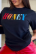 Black Casual Daily Print Patchwork Letter O Neck T-Shirts