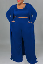 Blue Casual Solid Cardigan Vests Pants O Neck Plus Size Two Pieces