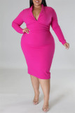 Rose Red Casual Solid Patchwork V Neck Long Sleeve Plus Size Dresses