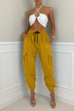 Earth Yellow Casual Street Solid Patchwork Pocket Regular High Waist Pencil Solid Color Bottoms