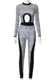 Grey Sexy Casual Patchwork Hollowed Out O Neck Long Sleeve Two Pieces