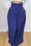 Blue Casual Solid Patchwork High Waist Straight Solid Color Bottoms