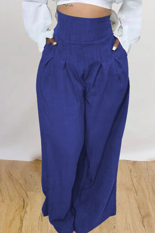 Blue Casual Solid Patchwork High Waist Straight Solid Color Bottoms