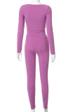 Purple Sexy Casual Solid Hollowed Out Patchwork Metal Accessories Decoration O Neck Long Sleeve Two Pieces