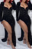 Red Sexy Formal Patchwork Sequins Slit V Neck Evening Dress Dresses
