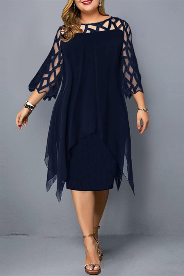 Deep Blue Casual Solid Patchwork O Neck One Step Skirt Plus Size Dresses