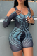 Black Sexy Print Patchwork U Neck Skinny Rompers