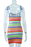 Yellow Sexy Striped Patchwork Spaghetti Strap Pencil Skirt Dresses