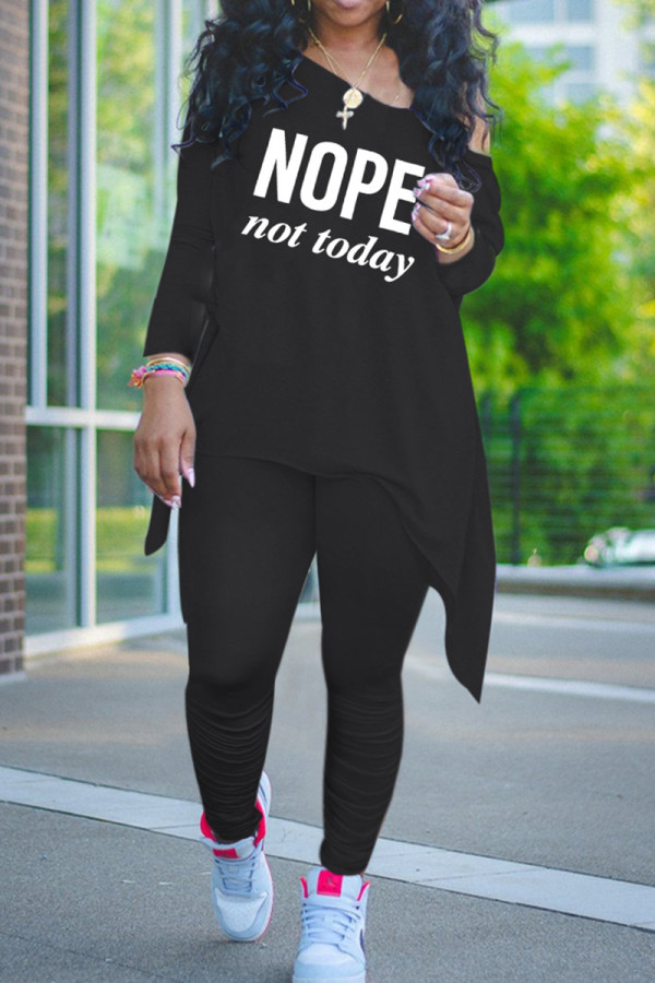 Black Casual Letter Print Patchwork Asymmetrical O Neck Long Sleeve Two Pieces