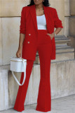 Red Casual Solid Cardigan Pants Turn-back Collar Long Sleeve Two Pieces