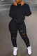 Black Casual Solid Ripped Patchwork Zipper Collar Long Sleeve Two Pieces