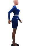 Blue Casual Solid Patchwork Draw String Buckle U Neck Pencil Skirt Dresses