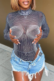 Black Sexy Print Mesh Half A Turtleneck Skinny Bodysuits