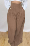 Camel Casual Solid Patchwork High Waist Straight Solid Color Bottoms