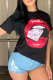 Black Casual Street Lips Printed Patchwork O Neck T-Shirts
