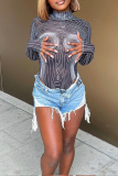 Black Sexy Print Mesh Half A Turtleneck Skinny Bodysuits