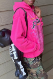 Rose Red Casual Print Patchwork Hooded Collar Tops