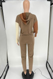 Coffee Casual Sportswear Solid Patchwork Hooded Collar Long Sleeve Two Pieces
