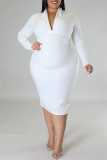 Rose Red Casual Solid Patchwork V Neck Long Sleeve Plus Size Dresses