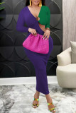 Purple Sexy Solid Hollowed Out Patchwork V Neck Pencil Skirt Dresses