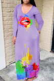 Purple Casual Print Patchwork V Neck Straight Dresses