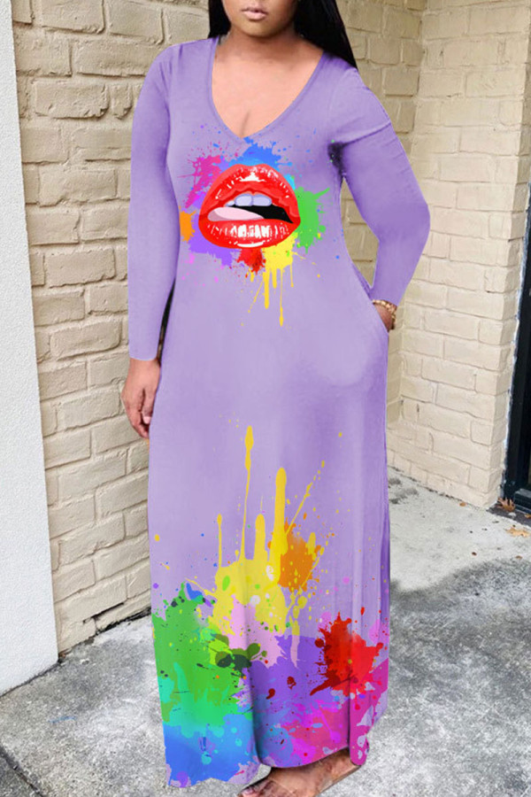 Purple Casual Print Patchwork V Neck Straight Dresses