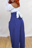 Blue Casual Solid Patchwork High Waist Straight Solid Color Bottoms