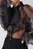 White Sexy Casual Solid Patchwork See-through Turndown Collar Regular Bodysuits