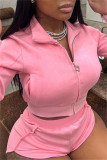 Pink Casual Solid Patchwork Zipper Collar Long Sleeve Two Pieces