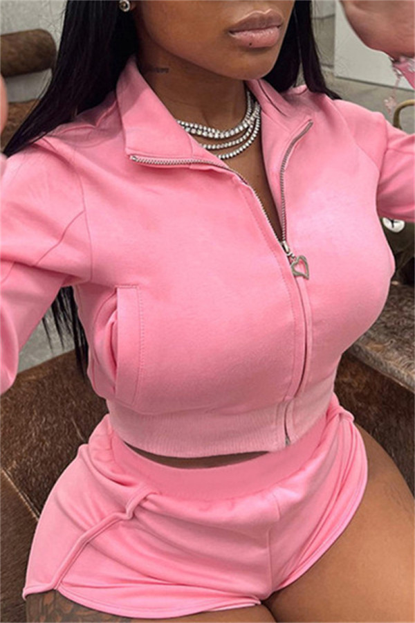 Pink Casual Solid Patchwork Zipper Collar Long Sleeve Two Pieces
