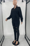 Grey Casual Solid Ripped Patchwork Zipper Collar Long Sleeve Two Pieces
