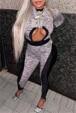 Grey Sexy Casual Patchwork Hollowed Out O Neck Long Sleeve Two Pieces