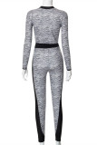 Grey Sexy Casual Patchwork Hollowed Out O Neck Long Sleeve Two Pieces