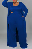 Blue Casual Solid Cardigan Vests Pants O Neck Plus Size Two Pieces