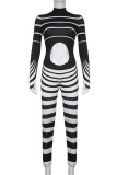 Black Sexy Striped Print Hollowed Out Patchwork Half A Turtleneck Skinny Jumpsuits