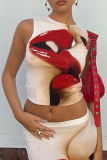 White Sexy Lips Printed Patchwork O Neck Sleeveless Two Pieces